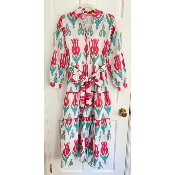 OLIPHANT Tuckernuck Tie Waist Belt Shirt Dress Maxi Midi Ikat Sumba Red Print XS - Picture 10 of 16